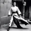 Placeholder: [photo of youthful Michelle Yeoh by helmut newton] The guardian stands tall, Kimono turned combat gear, Beauty wields power. A weapon in each hand: Skillful hands at work,Firearm and blade in balance, Enforcer's resolve. Her strength emanates, Ancient grace meets modern might, she attacks