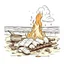 Placeholder: A beach bonfire with marshmallows roasting, cozy, festive, warm firelight, T-shirt design graphic, vector, contour, white background