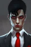 Placeholder: Realistic, red eyes, light skin, short black hair, red earring, suit and tie clothing, gloves on hand