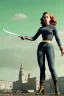 Placeholder: retro portrait image from 1960, Moscow background, wind, long red hair, fighting stance, sweet young Scarlett Johansson, classic tight lycra black suit, weapon, gold bracelet and belt, high heel boots, soft color, highly detailed, unreal engine 5, ray tracing, RTX, lumen lighting, ultra detail, volumetric lighting, 3d, finely drawn, high definition, high resolution.