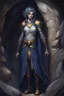 Placeholder: Dnd character in a dark cave. Leaning against a wall. A female Elf twilight cleric with super curly, super short, dark blue hair and golden eyes, wearing gray and dark blue robes. With tattoos. Etheral, very muscular, broad.