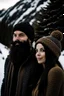 Placeholder: Mountain Christmas scene, dark haired couple, man with black beard