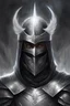 Placeholder: For DND character portrait.Aasimar male, in black and silver armour. Ghostly halo above his head. Short hair. His face is fully covered by a mask, the mask looks like King Baldwins mask. He is 30 years old. Dark hair, and has a knightly cloak.