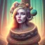 Placeholder: spray painting fantasy art, portrait blonde with jewelry on forehead, in mummy sweater, standing in portal to forest world from desert world,poetry book illustration