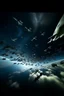 Placeholder: Looking up above in the The cloudy stormy sky filled with a lot of android planes shadows over head view