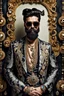 Placeholder: Artistic photo in the audacius style of Jill Greenberg, of man with a luxurious and striking style, abundance of jewelry, oversized sunglasses, neat black beard, feminine manirism, prints, desafiant, extravagant, barroque escene , impasto style with thick texture