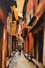 Placeholder: bustling medieval Kathmandu street, thick impasto painting, centered, minimalist, thick sparse brushstrokes, bold colors of orange, beige, yellow, red and black, sporadic tint ink leaks, perfect verticals, amazing parallels