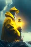 Placeholder: close up on old seafarer smoking pipe, sitting in yellow raincoat on rocks beneath a blurred unreal bright white lighthouse, storm clouds, volumetric fog, lightening, volumetric light,depth of field, fantasy art, 4k, highly detailed, evening