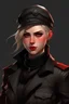 Placeholder: A blonde with red eyes, a black strict, but fashionable and detailed outfit and wears a beret. Character reference