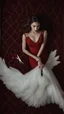 Placeholder: White wings, red dress, scissors. Above black and luxurious carpet. Cinematic picture from above