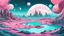 Placeholder: teal and aquamarine and pink space world sci-fi futuristic landscape with planets, mountains and stars in an illustrated anime style