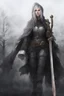 Placeholder: A female cleric dressed for the cold with a sword. Snowy background