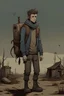 Placeholder: a young man with a sweater wrapped around the waist and messenger bag he carries around with a strap, front view, post apocalyptic scenery, cartoony style