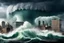 Placeholder: storm of the century, wall of water barreling into Boston harbor, flooding, downpour, tornados, lightning, tidal wave, dramatic typhoon crashing into city cresting storm walls, raging storm, modern disaster movie scene, by Michael Bay, by Stephen Wilkes, building breaking apart, dystopia