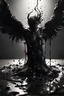 Placeholder: beautiful fallen angel disintegrating into black dripping ink and slime::1 ink dropping in water, molten lava, ferrofluid, oil, liquid, slime::.4 hyperrealism, intricate and ultra-realistic details, cinematic dramatic light, cinematic film, mattepainting, photobash, rendered in octane, 3d, zbrush, houdini simulation, trending on artstation:: Otherworldly dramatic stormy sky and empty desert in the background, gradient of teal and orange:: by Mobius and and stefan gesell and zhelong xu