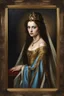 Placeholder: Gothic Gold framed painted portrait of a beautiful queen. her hair is long and light brown in colour and she has blue eyes, dark fantasy