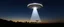 Placeholder: flying saucer ufo in autumn evening field shooting a cone of light upwards to the sky down to another saucer standing in the field