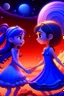 Placeholder: Pixar tarzı İki yakın arkadaş(iki küçük kız) biri pembe ve diğeri mor elbise giyiyor mor elbiseli oturan pembe elbiseli kıza yardım ediyor arkaplan olarak ay ve güneş karışımı bir gezegen