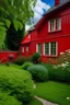 Placeholder: red house with a garden