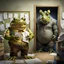 Placeholder: in front the camera be seen up to the waist a fat yellow-green color angry anthropomorphic frog in simple human cloths and take his hands many paper in office, on the wall hang an wall board with some written sheets of paper, behind in background an big strong anthropomorphic gray rhinoceros standing in blue jeans , t-shirt behind in halb open door , dark colors, detailed 3d, sci-fi, fantasy mood