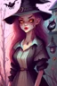 Placeholder: Cute friendly witch, playing with cute cats, perfect eyes, perfect iris, graphic novel, style Elisabeth Kreitz