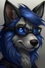 Placeholder: anthropomorphic female wolf, hair that's flipped to the left side, fur Colors black and dark blue, glasses, piercings on both ears