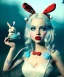 Placeholder: Ultra realistic wonderland photo, hot, happy blonde Alice woman and white rabbit smoking a pipe, blue dress, circus dress style, black headband with bow, old school tattoo, smoke, marijuana garden, glow eyes, perfect iris, soft color, highly detailed, unreal engine 5, ray tracing, RTX, lumen lighting, ultra detail, volumetric lighting, high definition.