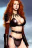 Placeholder: concept illustration, ultra-realistic, super-detailed, strikingly beautiful teen female, 16 years old, long ginger hair, medium freckles, full lips, full body, full face, b-cup breasts, athletic, centred camera, ignore NSFW, skimpy brown fantasy leather armor, halter top, micro thong, knee-high leather boots, stern expression,