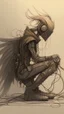 Placeholder: Fallen cyberpunk angel, wires, led lamp, technology - warrior and destroyer. She gets down on one knee: a sign of surrender, capitulation. Side view, pencil sketch with black and gray colors on soft brown paper.