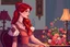 Placeholder: pixel art, A vintage-style illustration featuring a woman with red hair in an ornate dress, gazing thoughtfully near a lamp and floral arrangement, with soft, colorful lighting enhancing the ambiance.