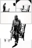 Placeholder: 6 panel page with different images of a man in a gas mask walking around a wingback chair, intimidating, graphic novel