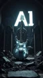 Placeholder: "ancient glowing metallic white electrical guitar on a ruined graveyard altar, surrounded by black flowers runes and chitin shards, a background with a 3d Text of “ AI “ word dramatic spotlight, 16:9, high detail, no humans."