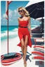 Placeholder: full body fashion style, blonde in red, perfect beauty and harsh aesthetics, Miami Beach, like the style of Rene Gruau,real stic detailed