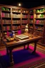 Placeholder: cozy small library, very fantasy style, with fantasy creatures, sharp focus, studio photo, intricate details, with board game table