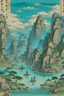 Placeholder: A cyan gorge in the gusty clouds designed in Kuna molas painted by Utagawa Hiroshige