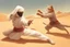 Placeholder: antropomorphic ninja cat fighting with a sheik in the desert in sunshine