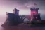 Placeholder: old castle, foggy, lava, drawbridge. surrounded by cliffs, purple