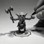 Placeholder: low poly, goblin troll miniature model half painted arms outstretched holding battle hammer offering gift, standing on black and white pencil drawn hexagon grid, hands and shadows of artist