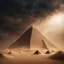 Placeholder: Hyper Realistic apocalyptic view of statue of Egyptian Pyramids with sandstorm at dark night