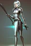 Placeholder: full body picture of a skinny woman with a bob, in silver armour, holding a curved sword, futuristic steampunk background