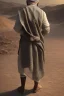 Placeholder: An old man wearing an Arabic keffiyeh, his back bent, walking barefoot, holding his cane upside down, looking back and holding his shoe in his hand.