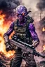 Placeholder: an epic 12k,ultra high definition , digital photo of a scary looking alien, purple colored alien, angy and rising from the ashes, a war veteran, army beret , captain rank, ripped and torn ammo clothing, chaotic fiery and dust background, dramatic close-up action shot of him behind the machine hand gun on the burned out war tanker,gothic and sinister