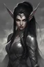 Placeholder: A female elf with skin the color of storm clouds, deep grey, stands ready for battle. Her long black hair flows behind her like a shadow, while her eyes gleam with a fierce shiny silver light . Despite the grim set of her mouth, there's a undeniable beauty in her fierce countenance. She's been in a fight, evidenced by the ragged state of her leather armor and the red cape that's seen better days, edges frayed and torn. In her hands, she grips two swords