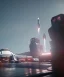 Placeholder: futuristic spaceport, modern, white, busy, rocket launching in background