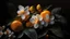 Placeholder: orange fruits and white neroli flowers,dark backround,12K