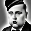 Placeholder: A half body portrait of a 1930s Italian-American businessman in his late 20s with a black bowler hat and a suit. He is obese and has black hair