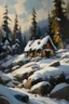 Placeholder: a loose oil painting of a canadian rocky mountain retreat in amongst the trees, rounded snow drifts on a cold winter day, low sun,long shadows, complete with textured ground and brushstrokes