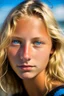 Placeholder: portrait of a 16 year old Californian surfer girl, sporty, blond, short wavy hair, water blue eyes