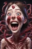 Placeholder: Woman with rare eyes,smiling meanwhile many worms streaming from his mouth, face distorted with pain, screaming, tears streaming, siting pose, fullbody, Junji Ito style, darkred tones,high detailed, 4k resolution, digital paiting, cute, art, no background 3d pixar disney the cinematic FKAA, TXAA, and RTX graphics technology employed for stunning detail.