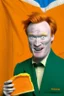 Placeholder: Conan O'Brien with bright orange hair holding orange cheese. "Esperanto flag in background".